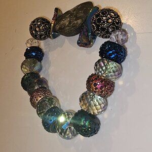 Iridescent Multi-Color Beaded Stretch Bracelet with Statement Centerpiece